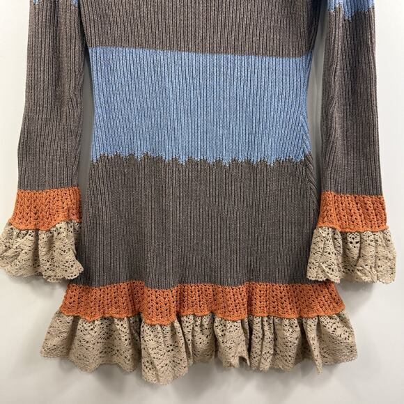 Bohemian Yohers New Colorblock Knit Crochet Ruffle Lace Trim Mini Dress Large - Picture 10 of 15